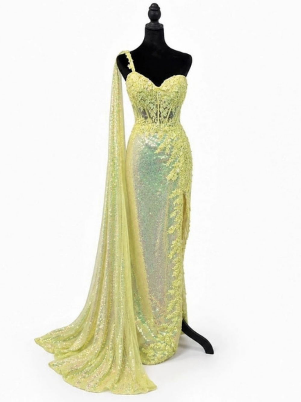 Sequin Embellished Maxi Dress Yellow & Iridescent Gown By Sherri Hill